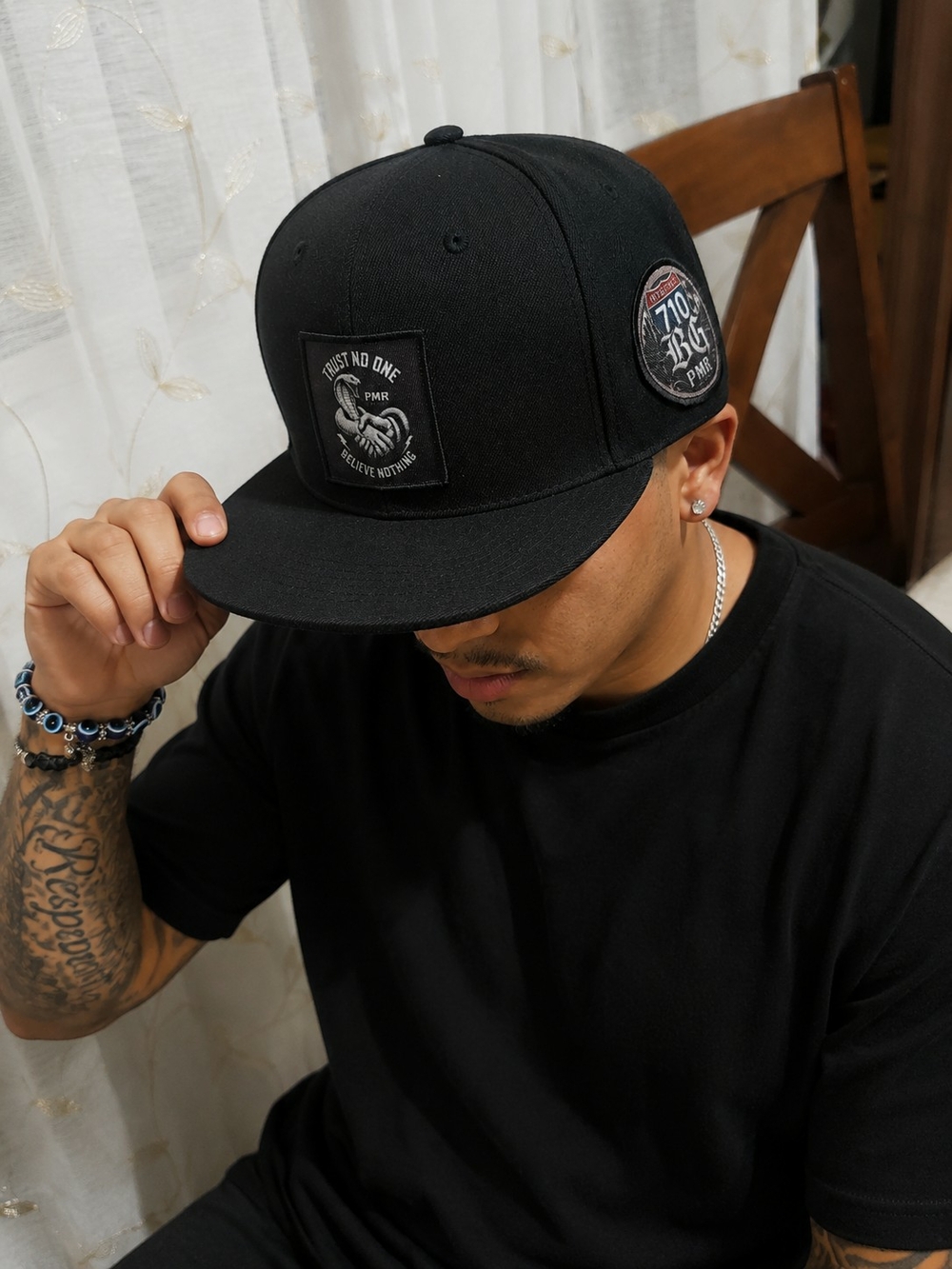 Trust No One Belive Nothing 710 Bg Pmr Black Snapback Hat with Embroidered Patch